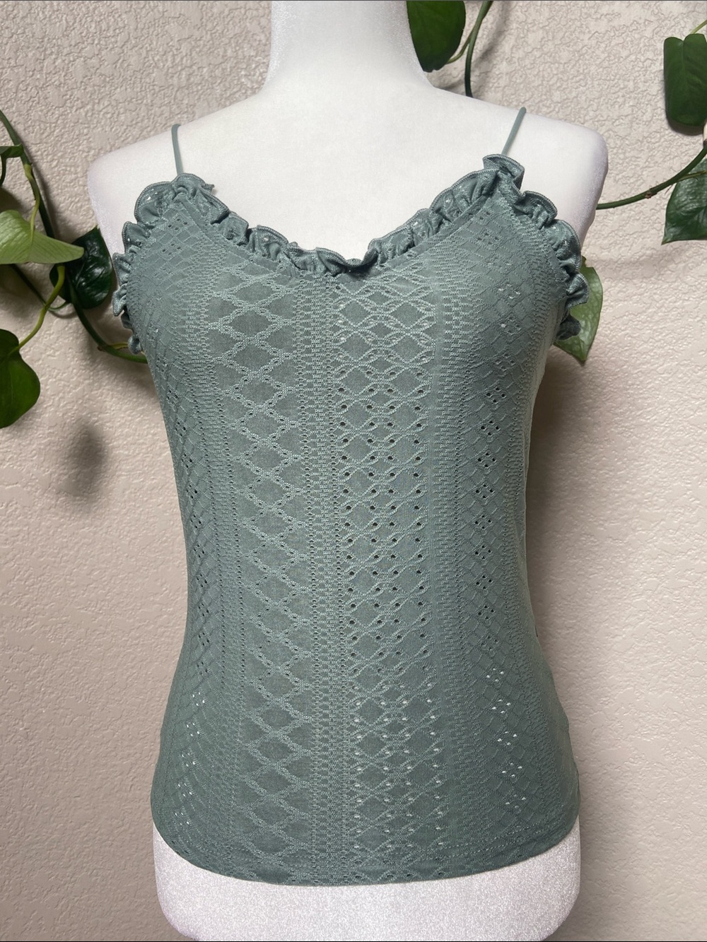 Ruffle-Trim Tank top in soft eyelet fabric in Sage Green (M) or Pink (L). - Picture 2 of 14